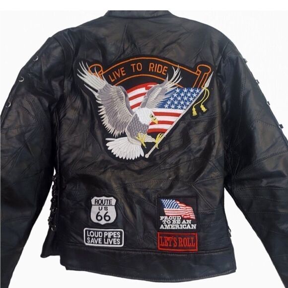 BUFFALO PLATE Leather Moto Motorcycle Biker Jacket Patches Full Zip - Picture 3 of 10
